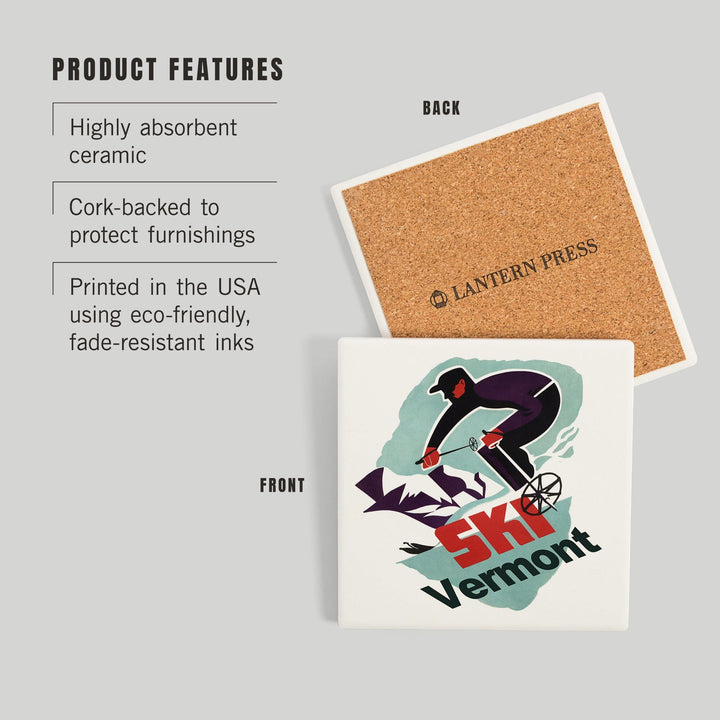 Ski Vermont, Retro Skier, Coasters Coasters Lantern Press 