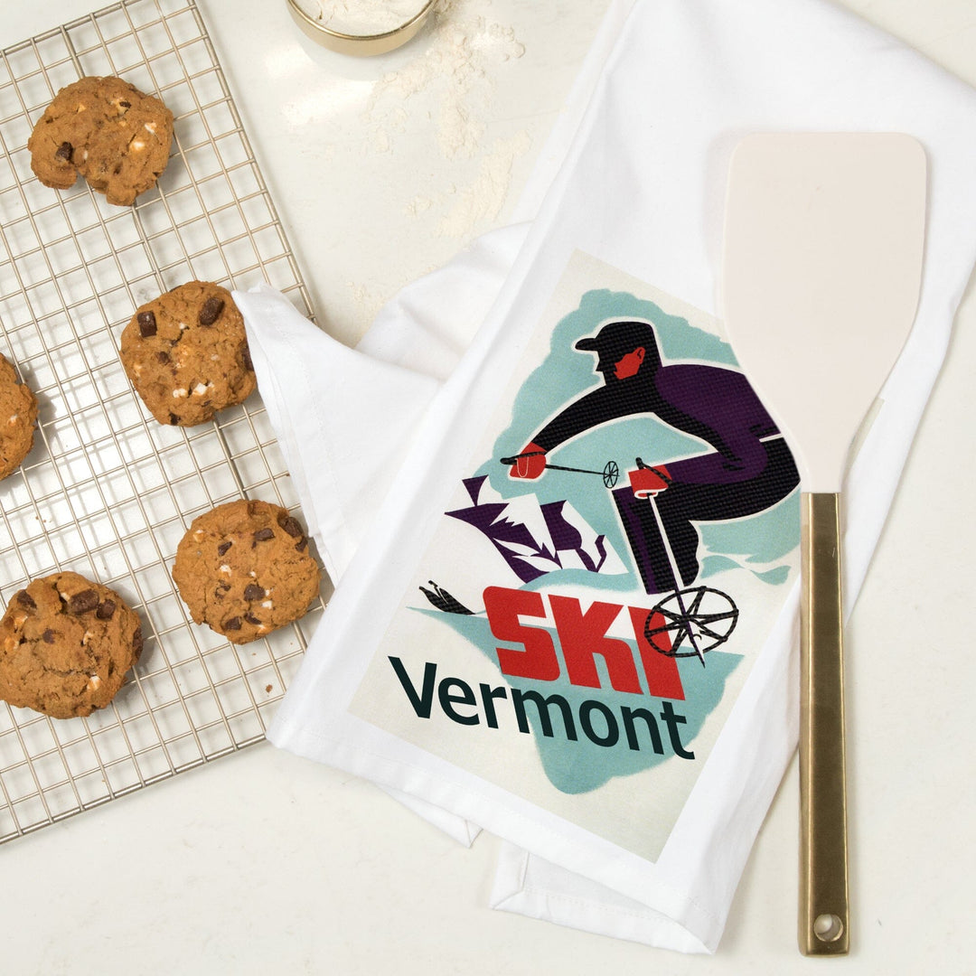 Ski Vermont, Retro Skier, Organic Cotton Kitchen Tea Towels Kitchen Lantern Press 