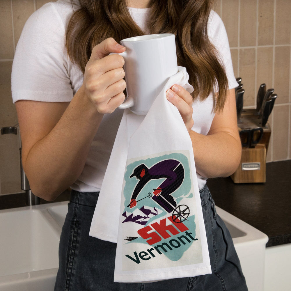 Ski Vermont, Retro Skier, Organic Cotton Kitchen Tea Towels Kitchen Lantern Press 