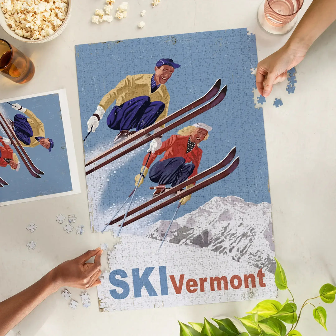 Ski Vermont, Vintage Skiers, Jigsaw Puzzle Puzzle Lantern Press 
