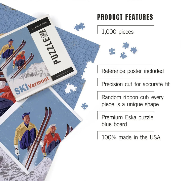 Ski Vermont, Vintage Skiers, Jigsaw Puzzle Puzzle Lantern Press 