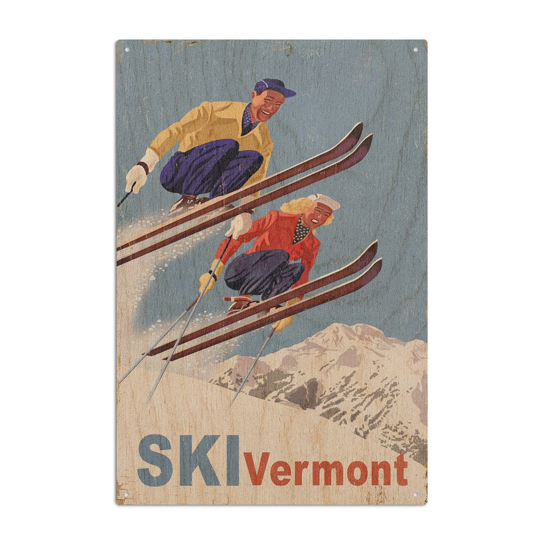 Ski Vermont, Vintage Skiers, Lantern Press Artwork, Wood Signs and Postcards Wood Lantern Press 10 x 15 Wood Sign 