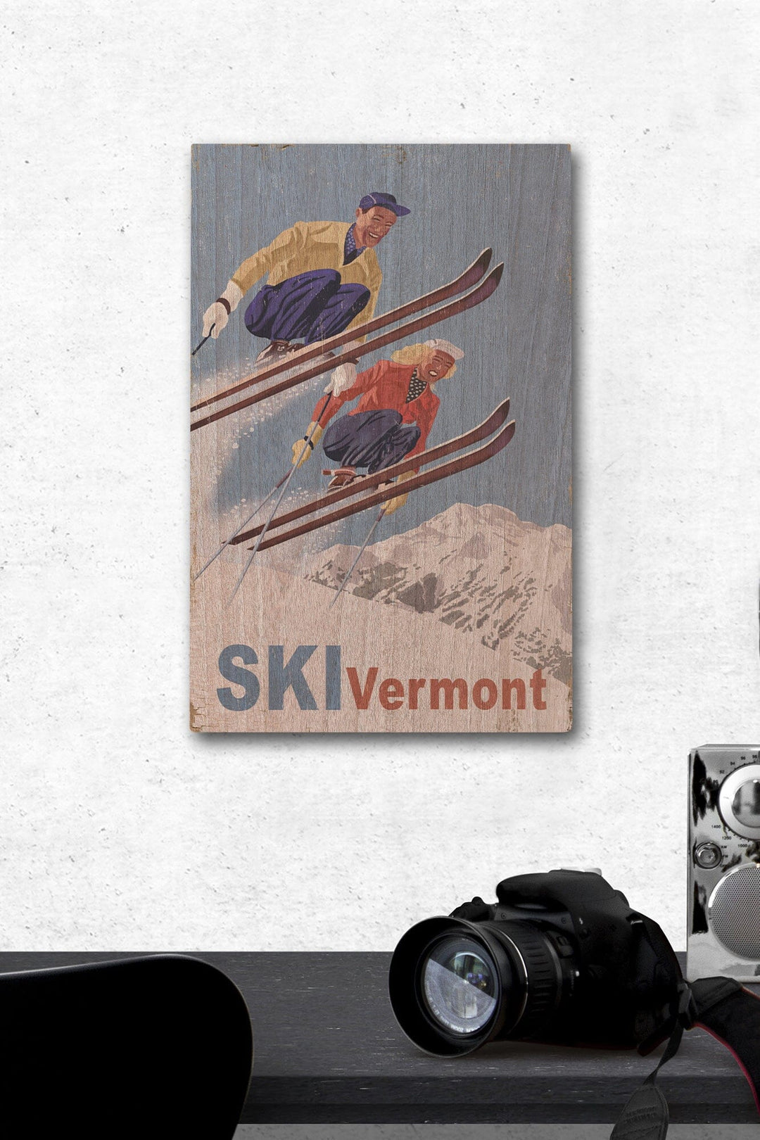 Ski Vermont, Vintage Skiers, Lantern Press Artwork, Wood Signs and Postcards Wood Lantern Press 12 x 18 Wood Gallery Print 