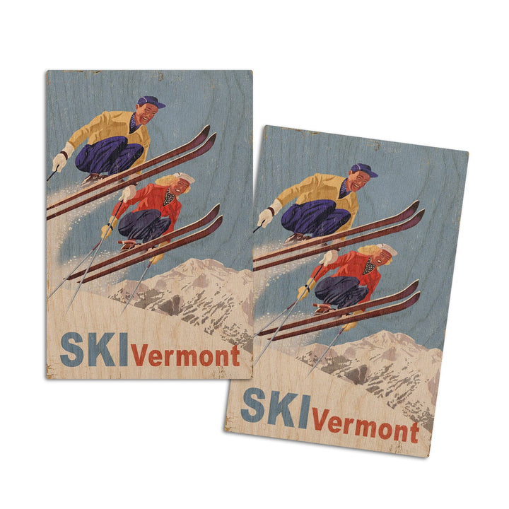 Ski Vermont, Vintage Skiers, Lantern Press Artwork, Wood Signs and Postcards Wood Lantern Press 4x6 Wood Postcard Set 