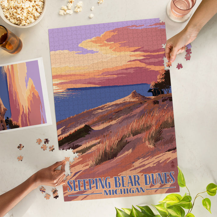 Sleeping Bear Dunes, Michigan, Dunes Sunset and Bear, Jigsaw Puzzle Puzzle Lantern Press 