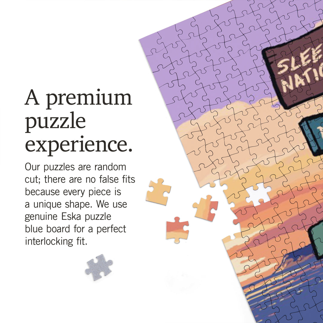 Sleeping Bear Dunes, Sunset and Bear, Destination Sign, Jigsaw Puzzle Puzzle Lantern Press 