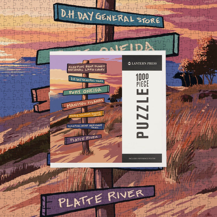 Sleeping Bear Dunes, Sunset and Bear, Destination Sign, Jigsaw Puzzle Puzzle Lantern Press 