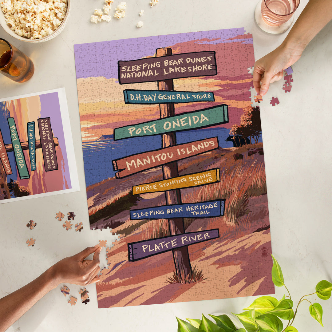Sleeping Bear Dunes, Sunset and Bear, Destination Sign, Jigsaw Puzzle Puzzle Lantern Press 