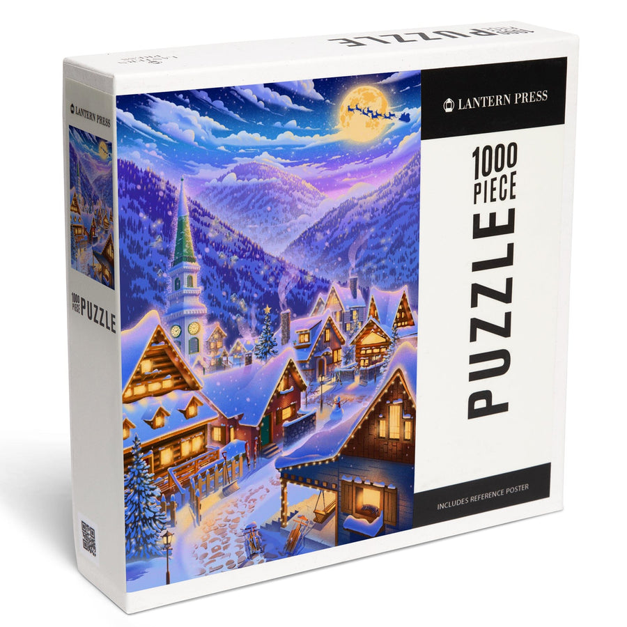 Sleepy Winter Village, Santa Flying Over Mountain, Jigsaw Puzzle Puzzle Lantern Press 