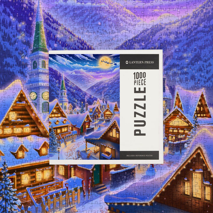 Sleepy Winter Village, Santa Flying Over Mountain, Jigsaw Puzzle Puzzle Lantern Press 