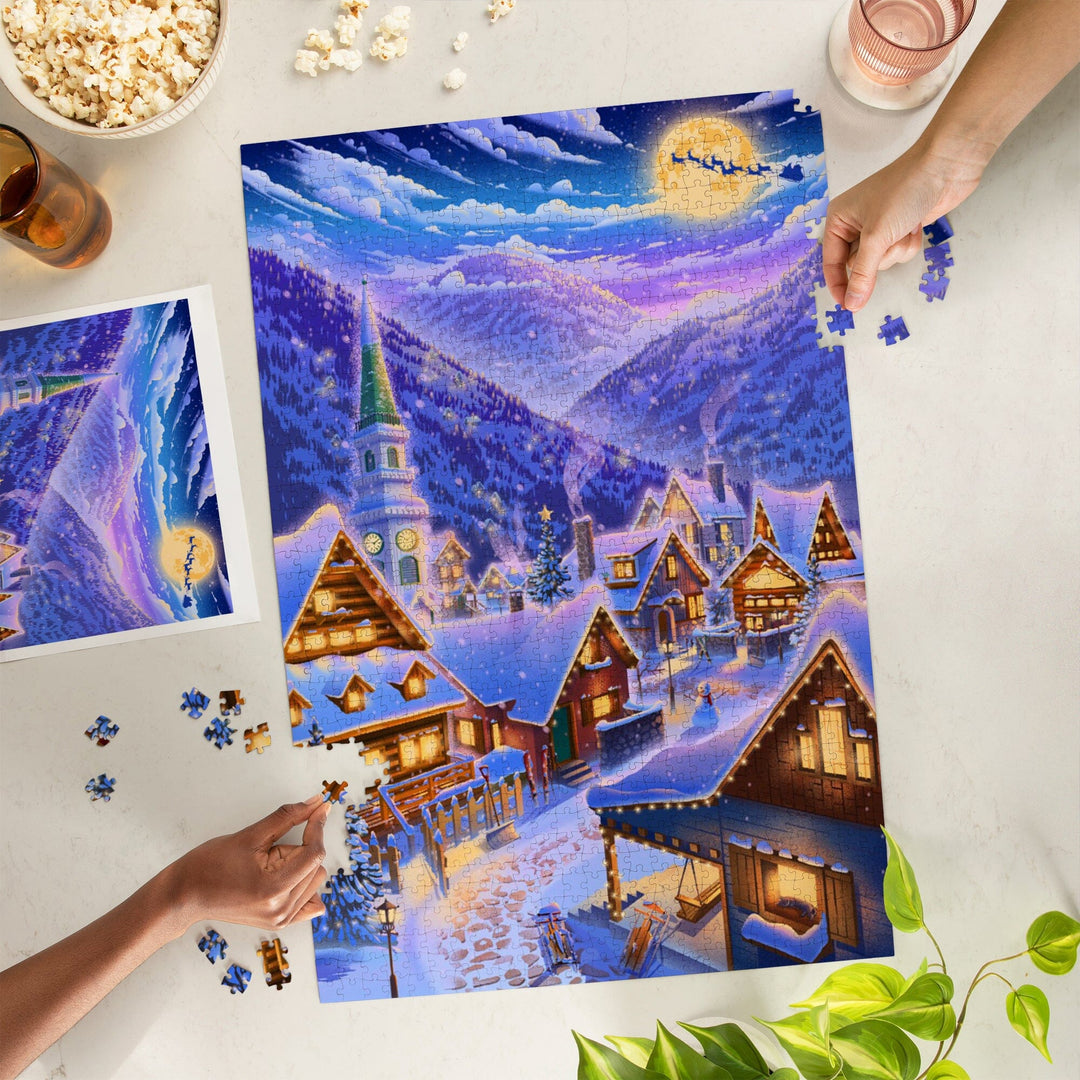 Sleepy Winter Village, Santa Flying Over Mountain, Jigsaw Puzzle Puzzle Lantern Press 