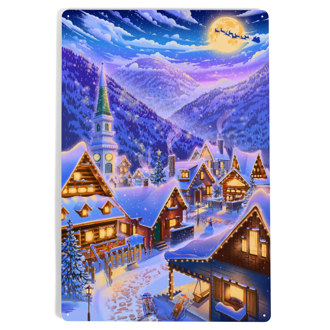 Sleepy Winter Village, Santa Flying Over Mountain, Metal Signs Metal Lantern Press 