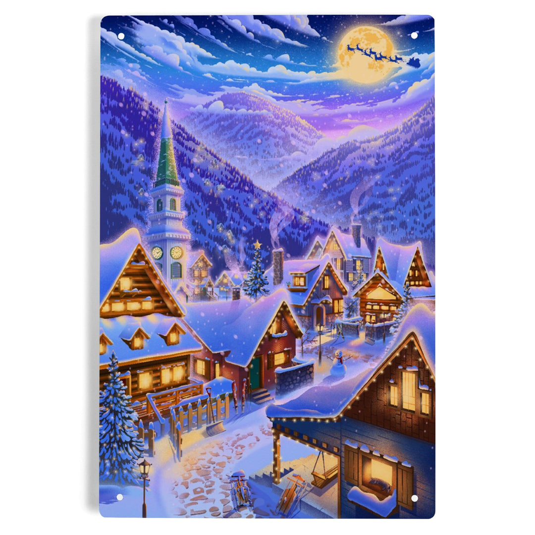 Sleepy Winter Village, Santa Flying Over Mountain, Metal Signs Metal Lantern Press 