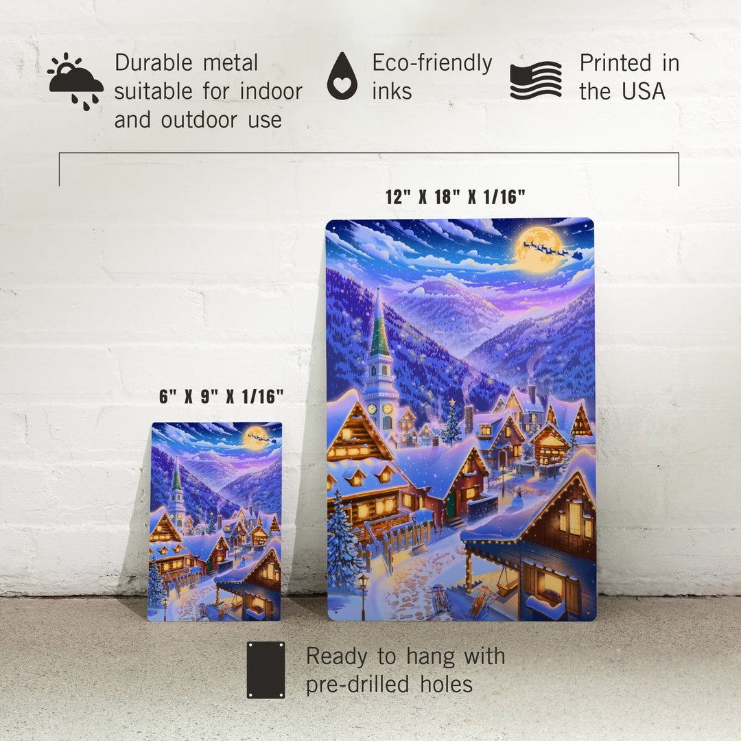 Sleepy Winter Village, Santa Flying Over Mountain, Metal Signs Metal Lantern Press 