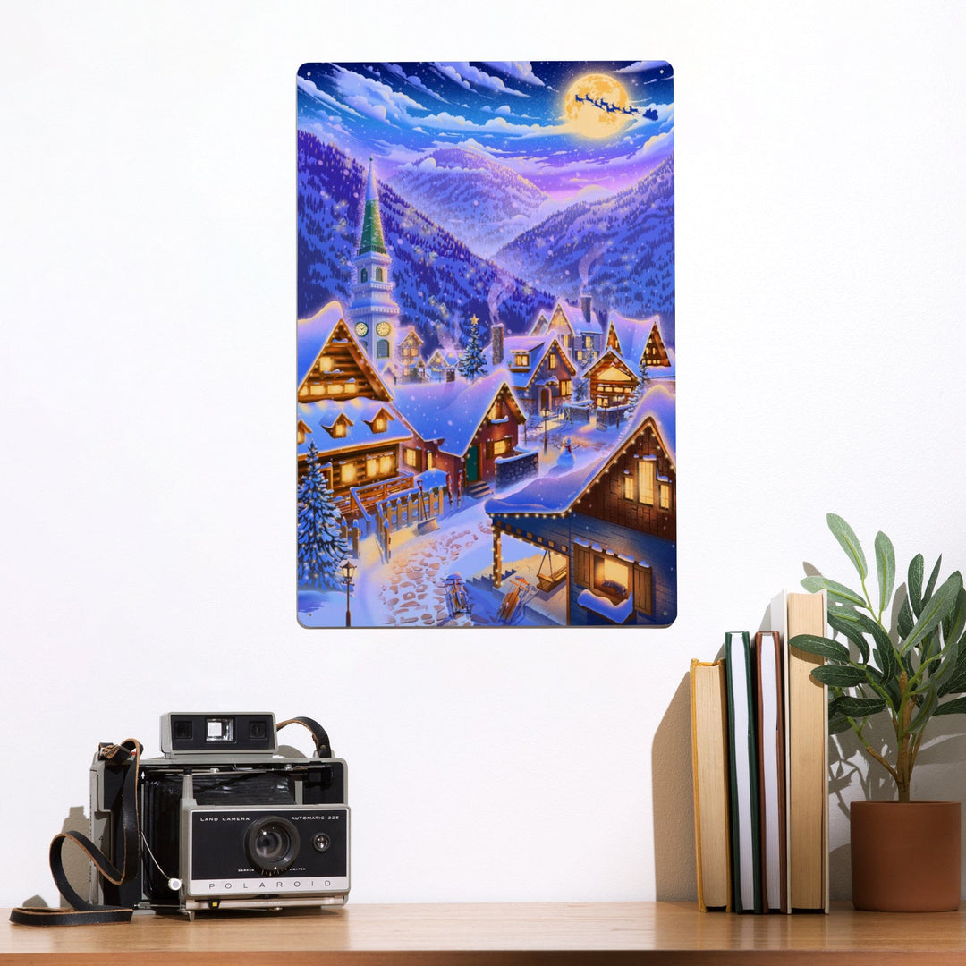 Sleepy Winter Village, Santa Flying Over Mountain, Metal Signs Metal Lantern Press 