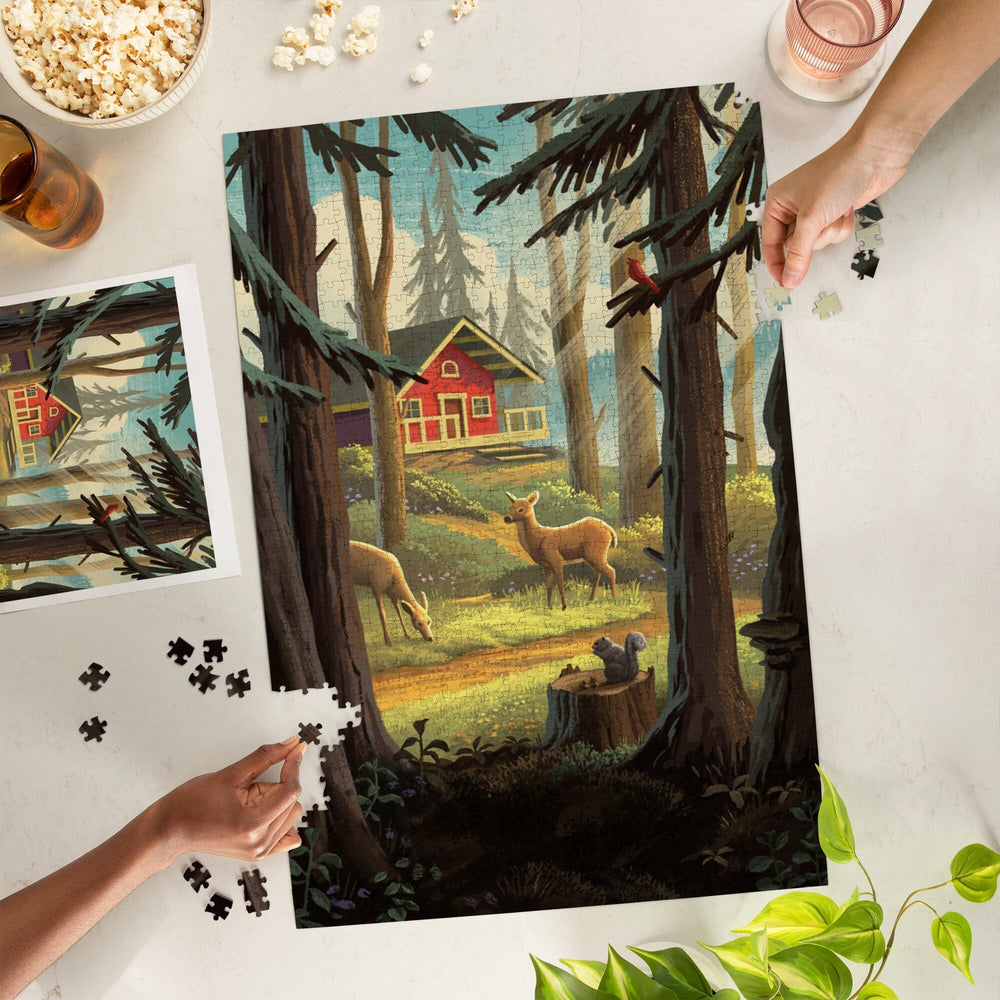 Slip Away, Cabin With Wildlife, Jigsaw Puzzle Puzzle Lantern Press 