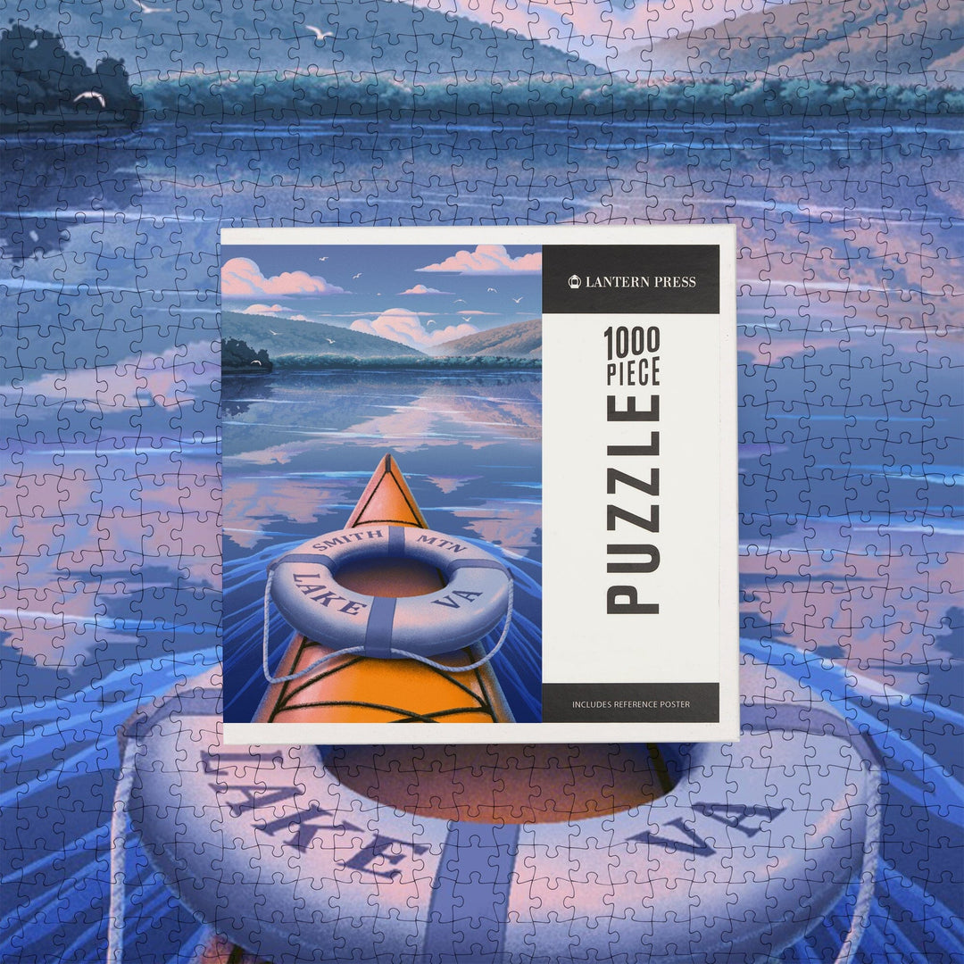 Smith Mountain Lake, Virginia, Lithograph, Kayak on Smith Mountain Lake, Jigsaw Puzzle Puzzle Lantern Press 