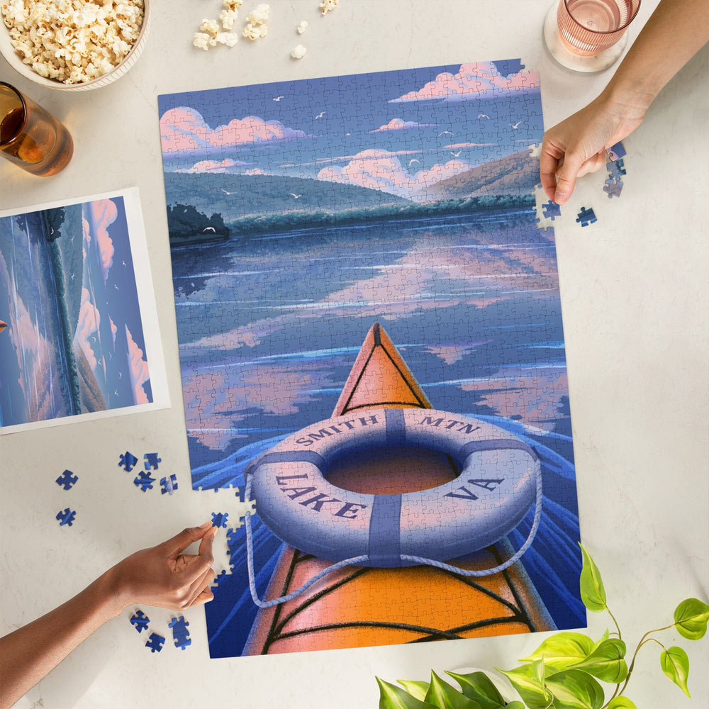 Smith Mountain Lake, Virginia, Lithograph, Kayak on Smith Mountain Lake, Jigsaw Puzzle Puzzle Lantern Press 