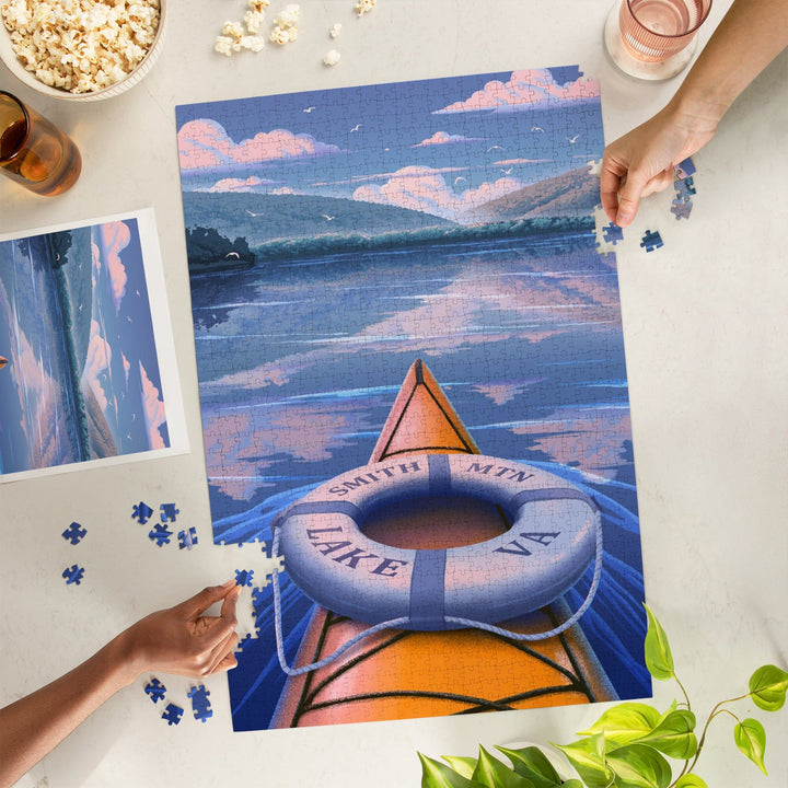 Smith Mountain Lake, Virginia, Lithograph, Kayak on Smith Mountain Lake, Jigsaw Puzzle Puzzle Lantern Press 