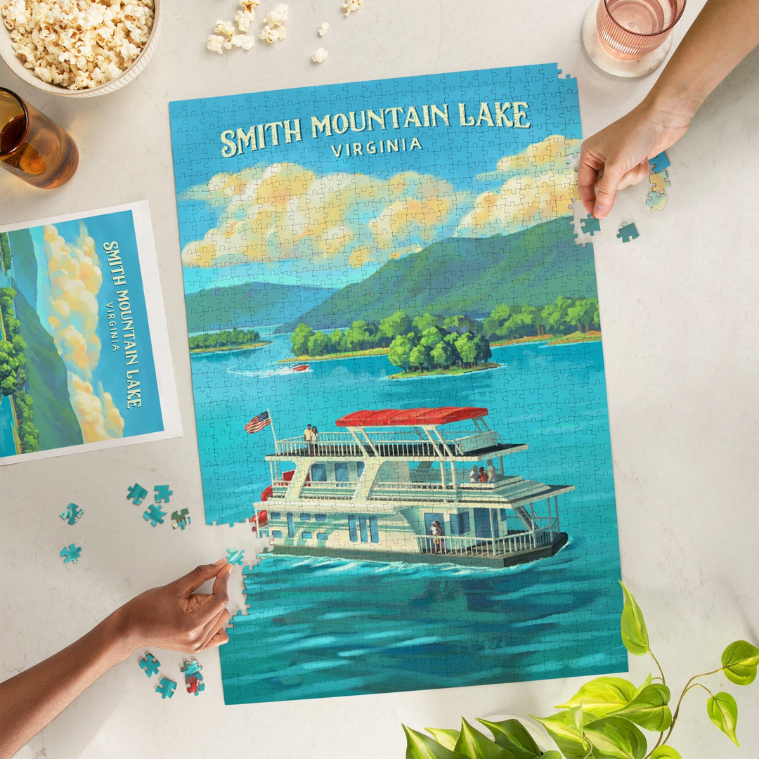 Smith Mountian Lake, Virginia, Oil Painting, Houseboat on Smith Mountain Lake, Jigsaw Puzzle Puzzle Lantern Press 