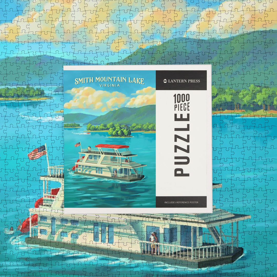 Smith Mountian Lake, Virginia, Oil Painting, Houseboat on Smith Mountain Lake, Jigsaw Puzzle Puzzle Lantern Press 