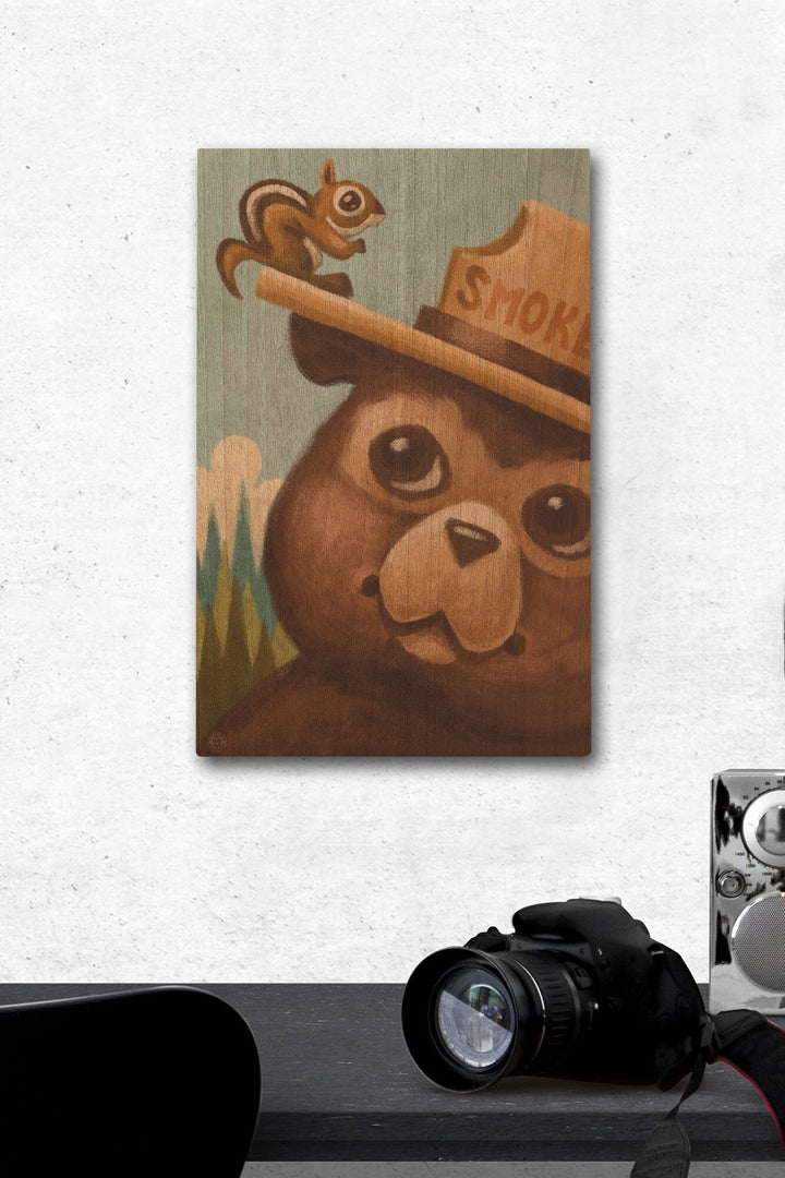 Smokey Bear and Squirrel, Lantern Press Artwork, Wood Signs and Postcards Wood Lantern Press 12 x 18 Wood Gallery Print 