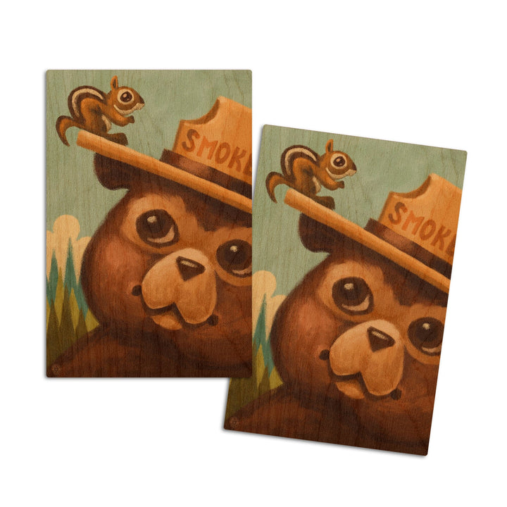 Smokey Bear and Squirrel, Lantern Press Artwork, Wood Signs and Postcards Wood Lantern Press 4x6 Wood Postcard Set 