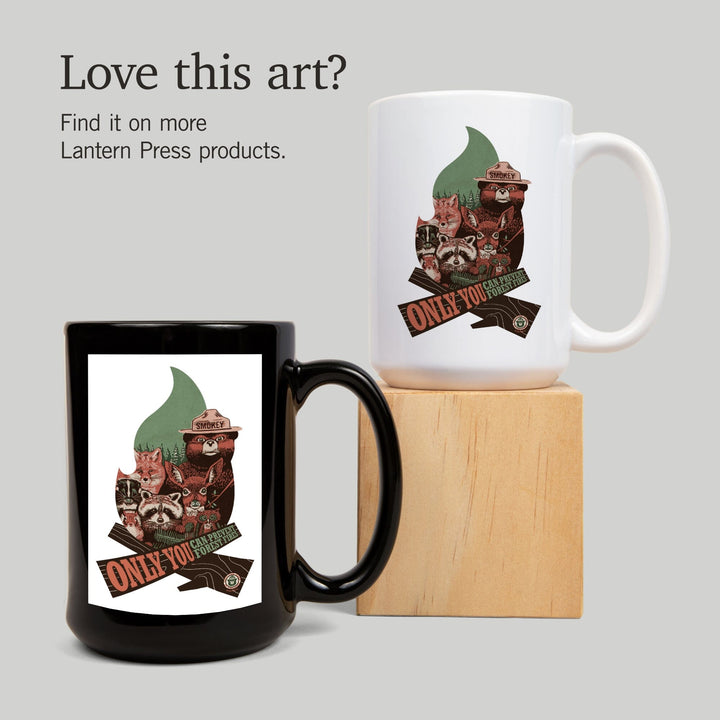 Smokey Bear and Woodland Creatures, Only You Can Prevent Wildfires, Contour, Ceramic Mug Mugs Lantern Press 