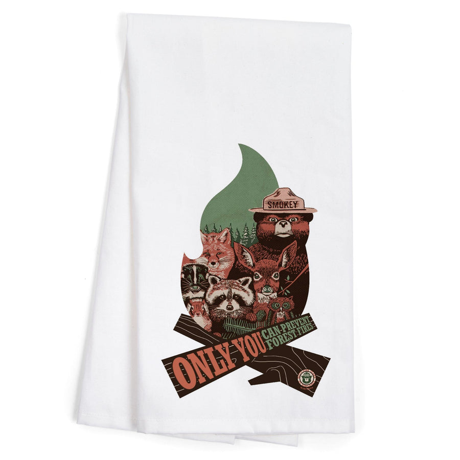 Smokey Bear and Woodland Creatures, Only You Can Prevent Wildfires, Contour, Organic Cotton Kitchen Tea Towels Kitchen Lantern Press 