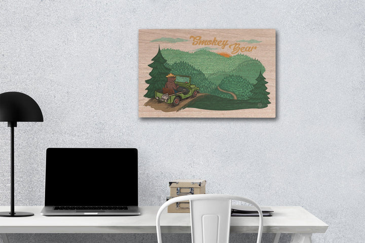 Smokey Bear Driving, Lantern Press Artwork, Wood Signs and Postcards Wood Lantern Press 12 x 18 Wood Gallery Print 