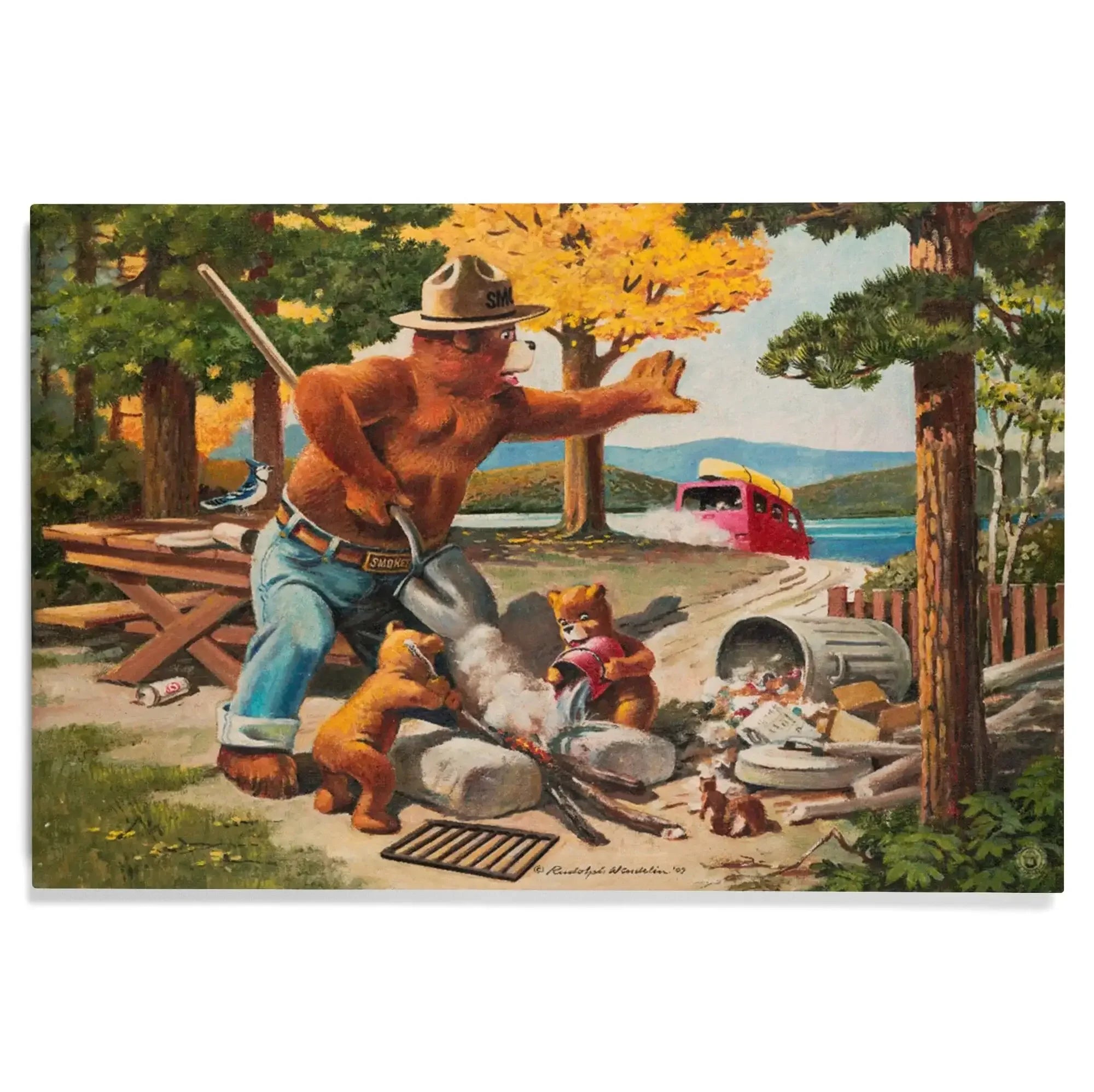 1960年代 Smokey The Bear バンク　& フライヤー額装 Smokey Bear, Extinguishing Left Campfire, Vintage Poster, Wood