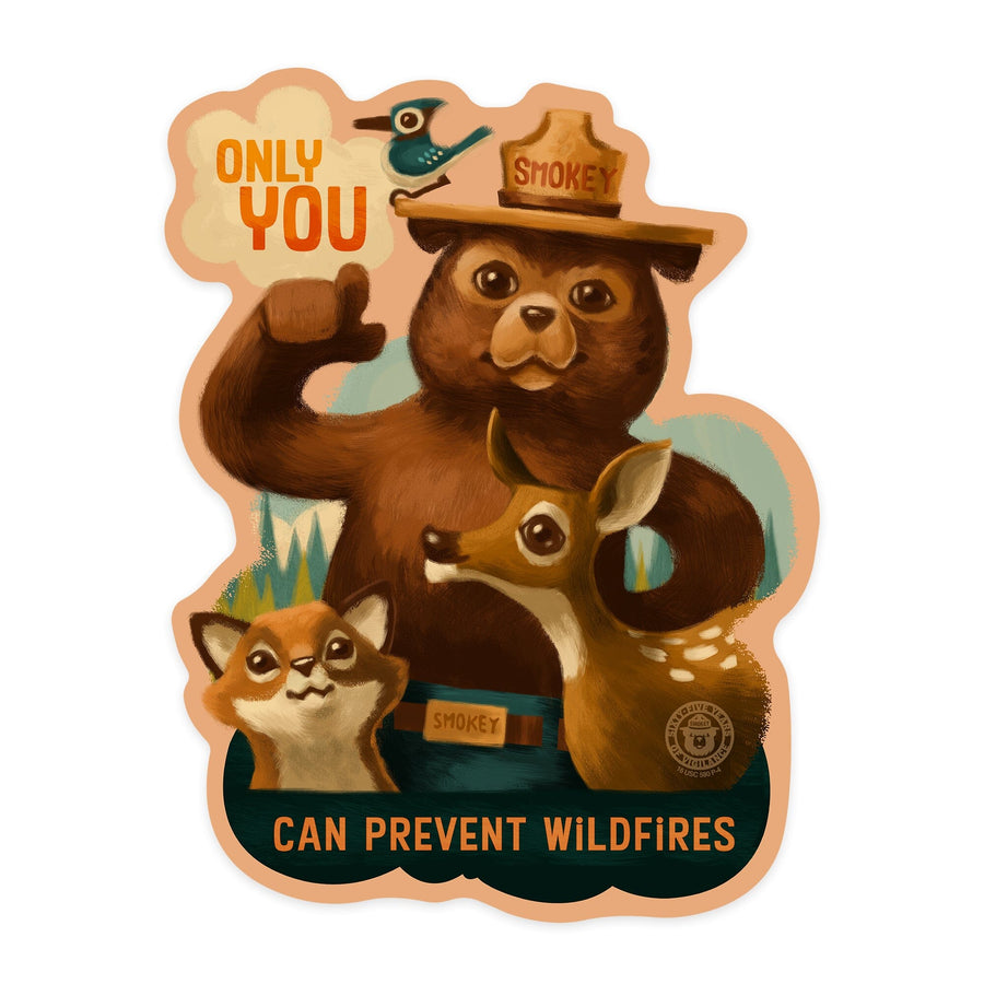 Smokey Bear & Friends, Only You Can Prevent Wildfires, Contour, Lantern Press Artwork, Vinyl Sticker Sticker Lantern Press 