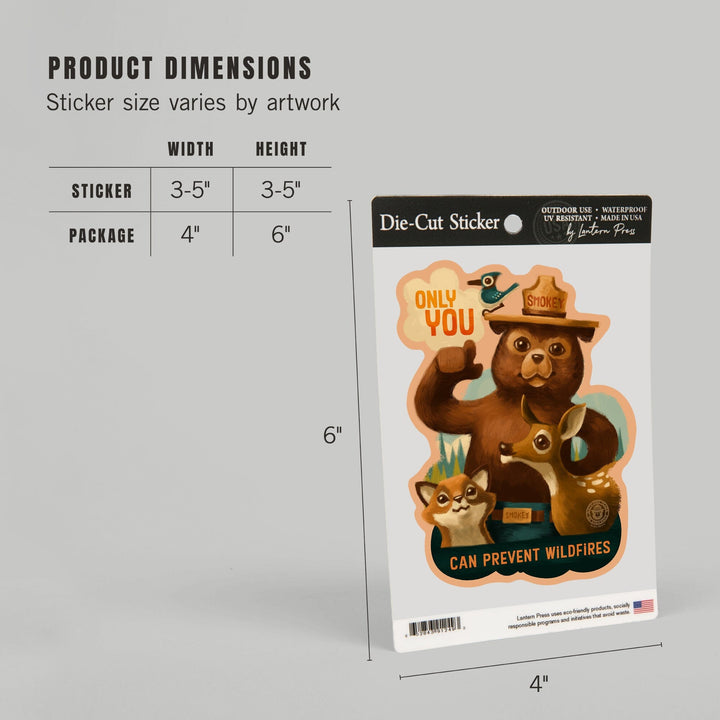 Smokey Bear & Friends, Only You Can Prevent Wildfires, Contour, Lantern Press Artwork, Vinyl Sticker Sticker Lantern Press 