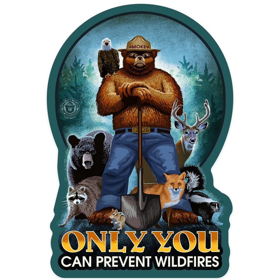 Smokey Bear & Friends, Only You Can Prevent Wildfires, No ND, Contour, Lantern Press Artwork, Vinyl Sticker Sticker Lantern Press 