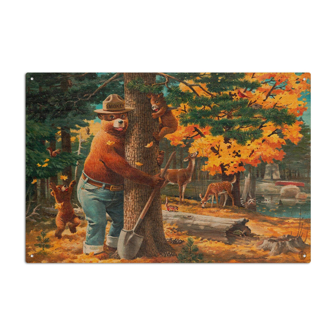 Smokey Bear Hugging Tree, Lantern Press Artwork, Wood Signs and Postcards Wood Lantern Press 6x9 Wood Sign 
