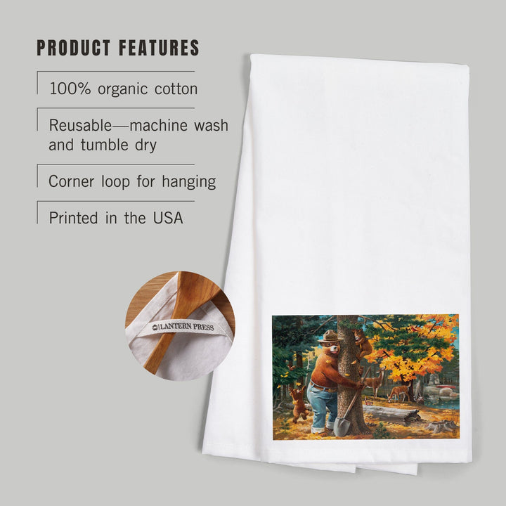 Smokey Bear Hugging Tree, Officially Licensed, Organic Cotton Kitchen Tea Towels Kitchen Lantern Press 