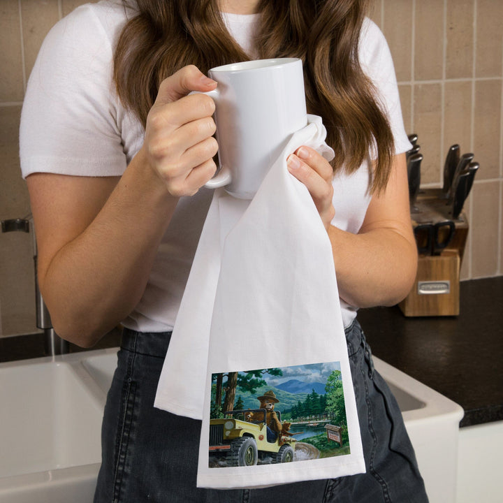 Smokey Bear, Leaving in SUV, Officially Licensed Vintage Poster, Organic Cotton Kitchen Tea Towels Kitchen Lantern Press 