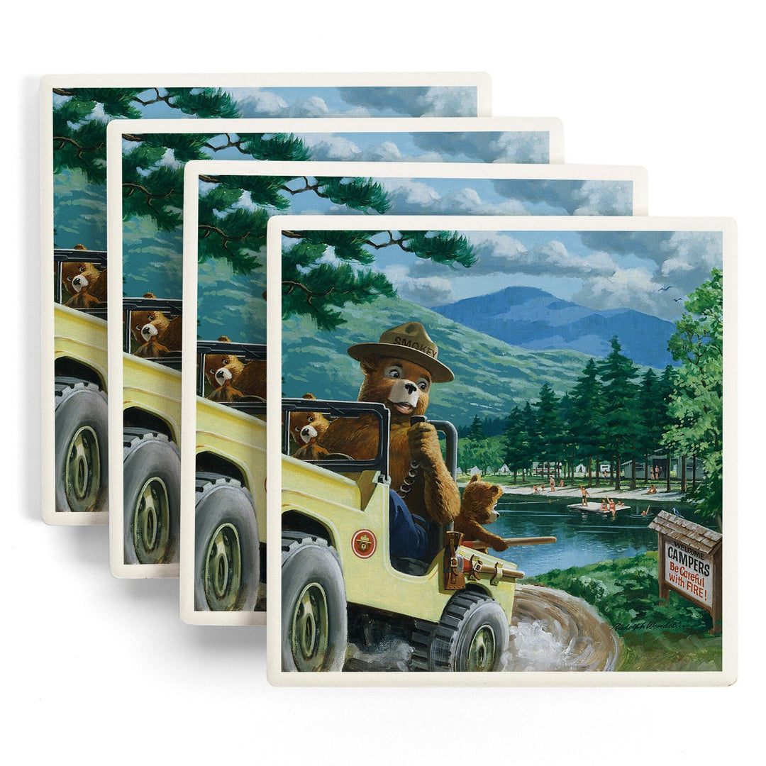 Smokey Bear, Leaving in SUV, Vintage Poster, Coaster Set Coasters Lantern Press 