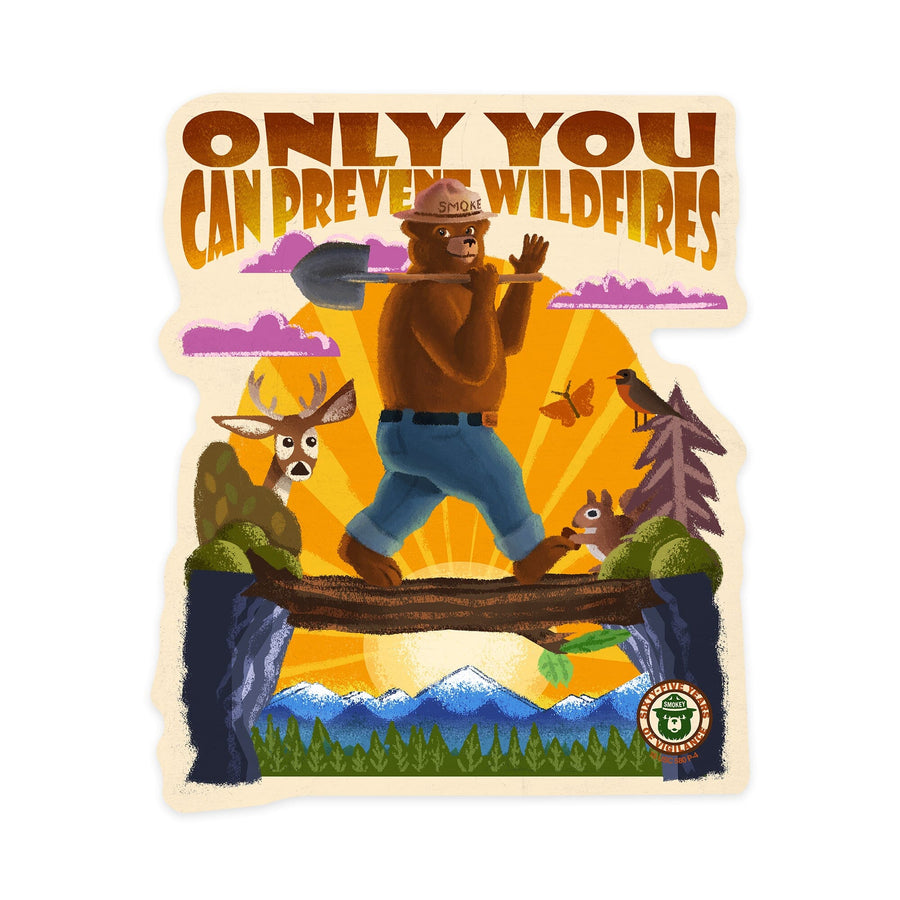 Smokey Bear on Log Bridge, Only You, Mid-Century Inspired, Contour, Lantern Press Artwork, Vinyl Sticker Sticker Lantern Press 