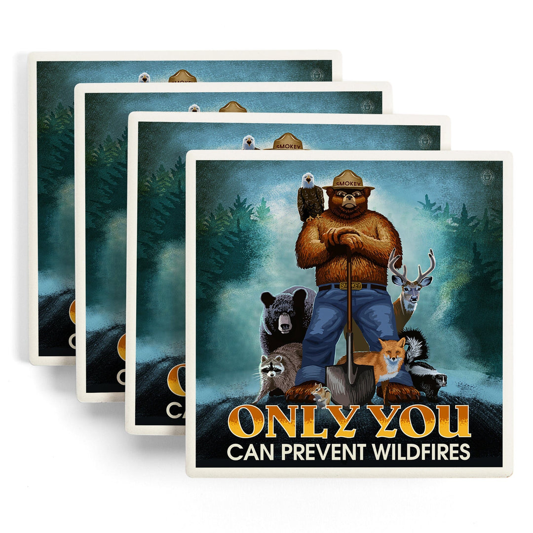 Smokey Bear, Only You Can Prevent Wildfires, Lantern Press Artwork, Coaster Set Coasters Lantern Press 