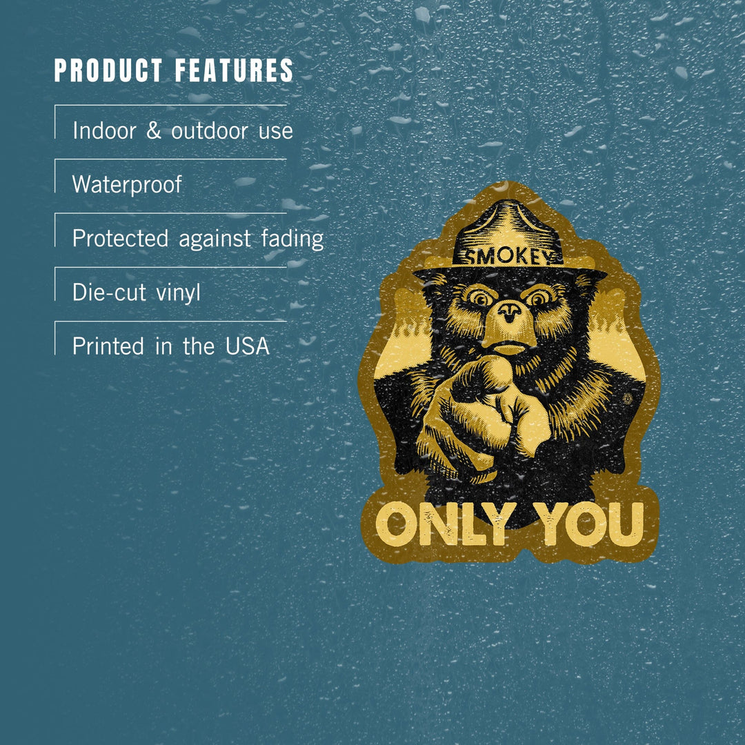 Smokey Bear, Only You, Halftone Yellow, Contour, Vinyl Sticker Sticker Lantern Press 