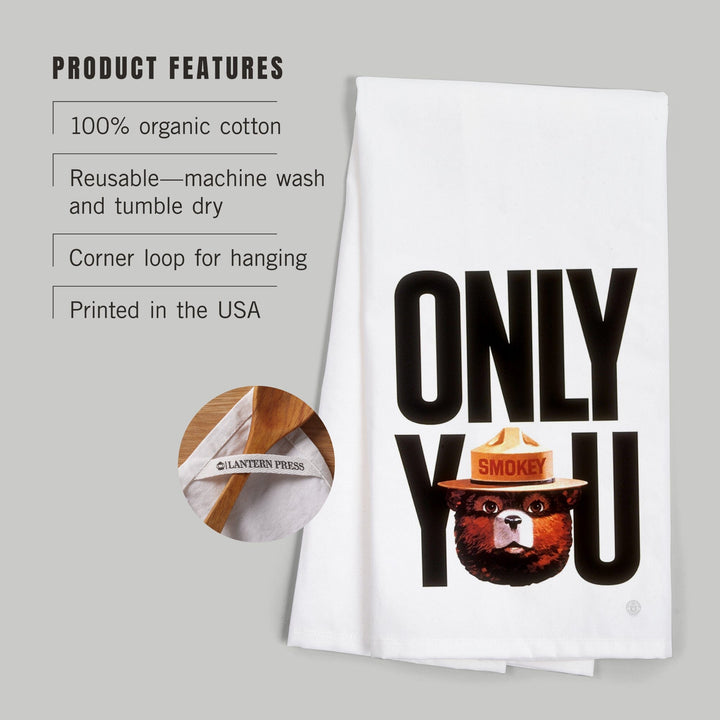Smokey Bear, Only You Typography, Officially Licensed Vintage Poster, Organic Cotton Kitchen Tea Towels Kitchen Lantern Press 