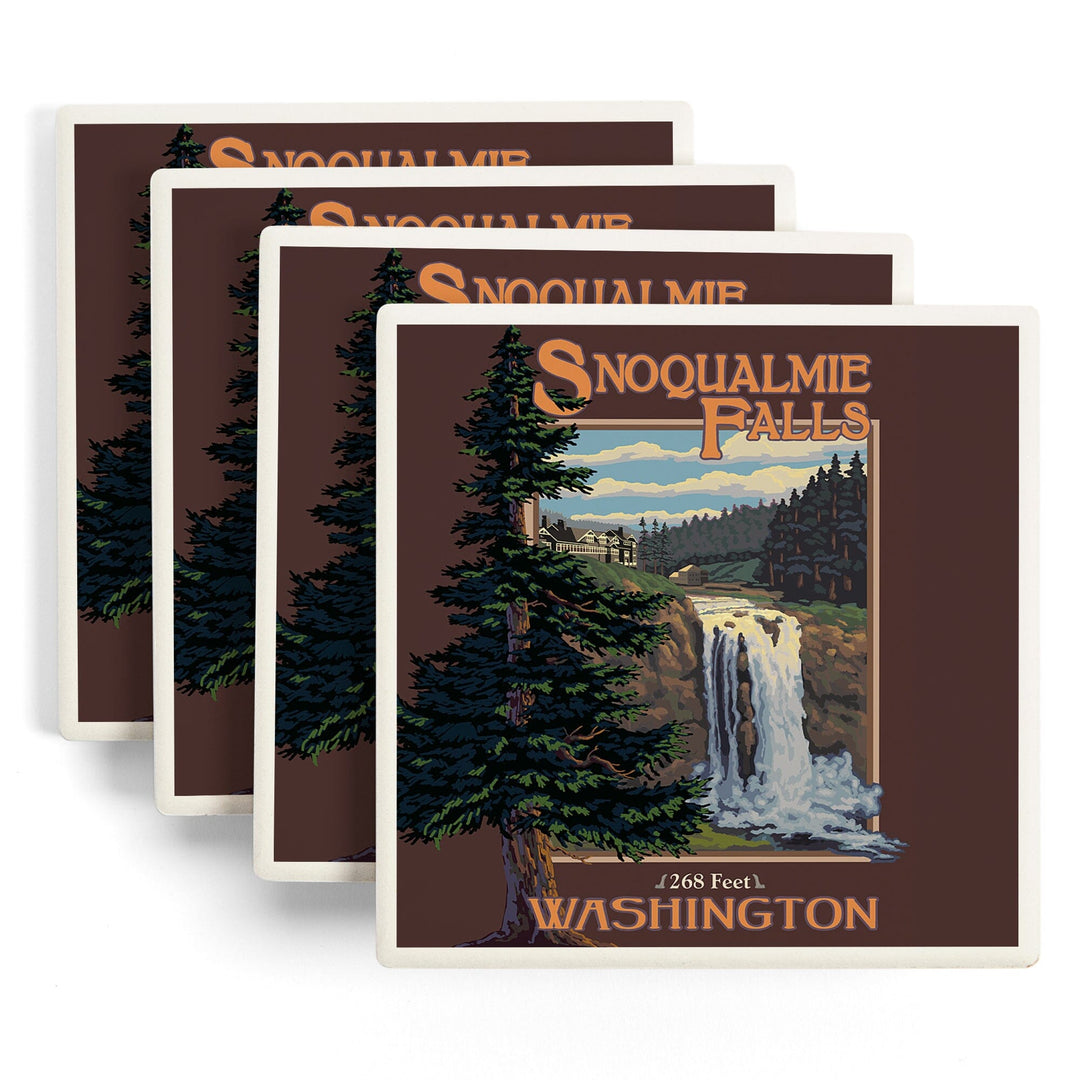 Snoqualmie Falls, Washington, Day, Lantern Press Artwork, Coaster Set Coasters Lantern Press 