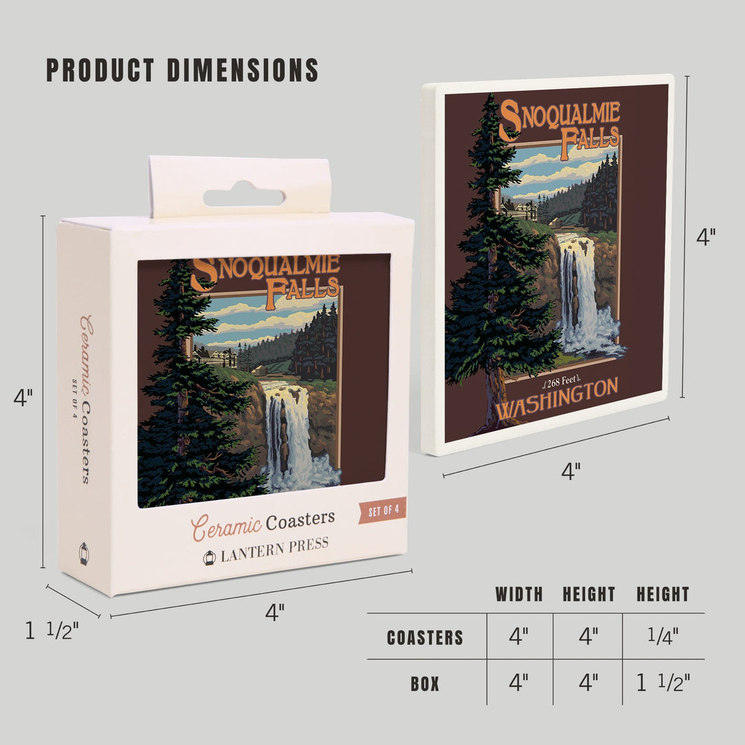 Snoqualmie Falls, Washington, Day, Lantern Press Artwork, Coaster Set Coasters Lantern Press 