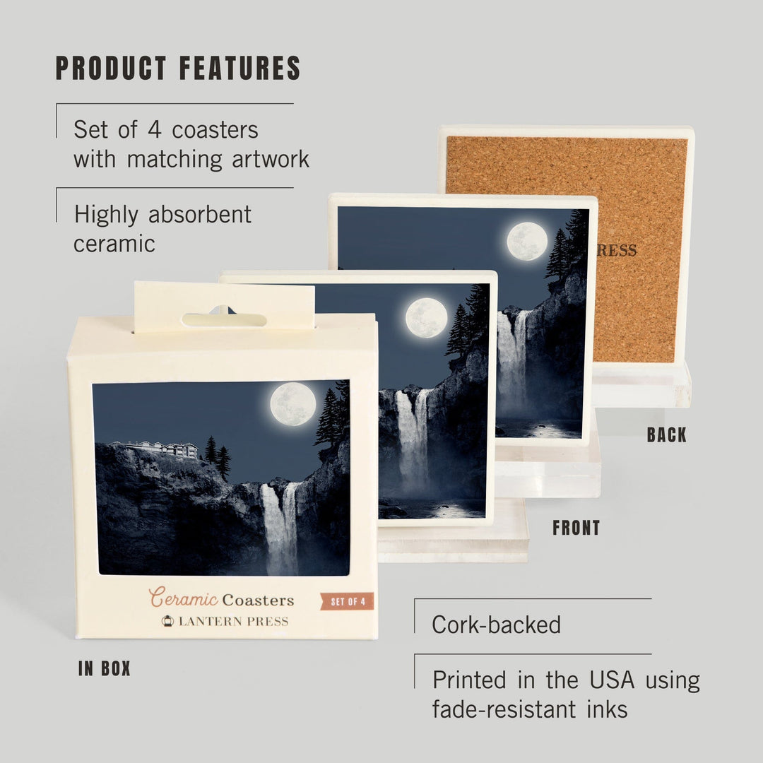 Snoqualmie Falls, Washington, Falls at Night (blue), Coasters Coasters Lantern Press 