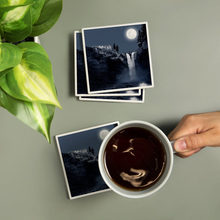 Snoqualmie Falls, Washington, Falls at Night (blue), Coasters Coasters Lantern Press 