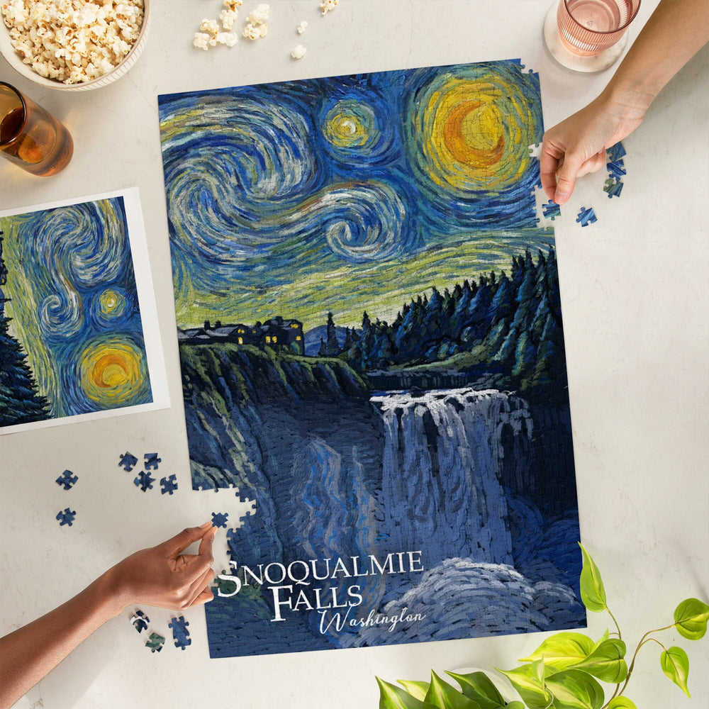 Snoqualmie Falls, Washington, Van Gogh Starry Night, Jigsaw Puzzle Puzzle Lantern Press 
