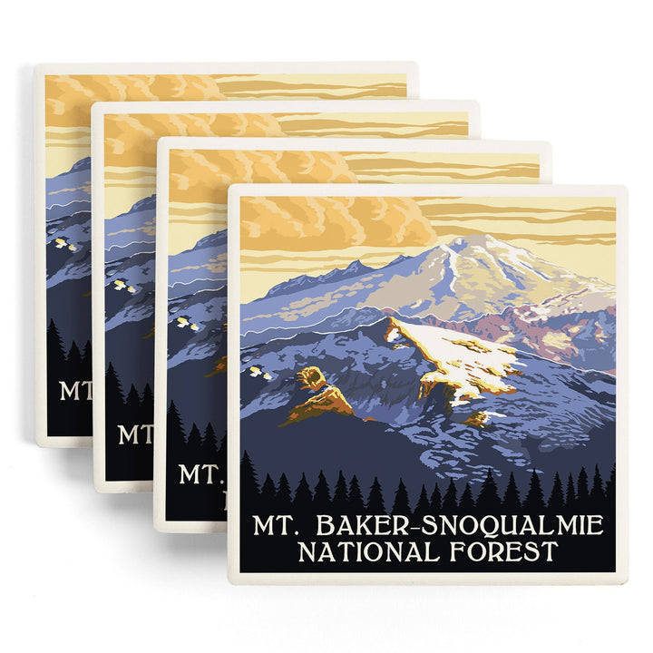 Snoqualmie National Forest, Washington, Mt. Baker, Lantern Press Artwork, Coaster Set Coasters Lantern Press 