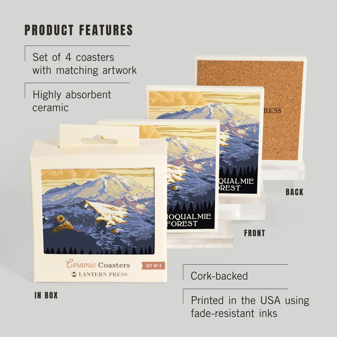 Snoqualmie National Forest, Washington, Mt. Baker, Lantern Press Artwork, Coaster Set Coasters Lantern Press 