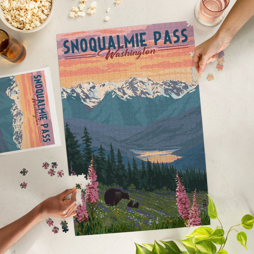 Snoqualmie Pass, Washington, Bear and Spring Flowers, Jigsaw Puzzle Puzzle Lantern Press 